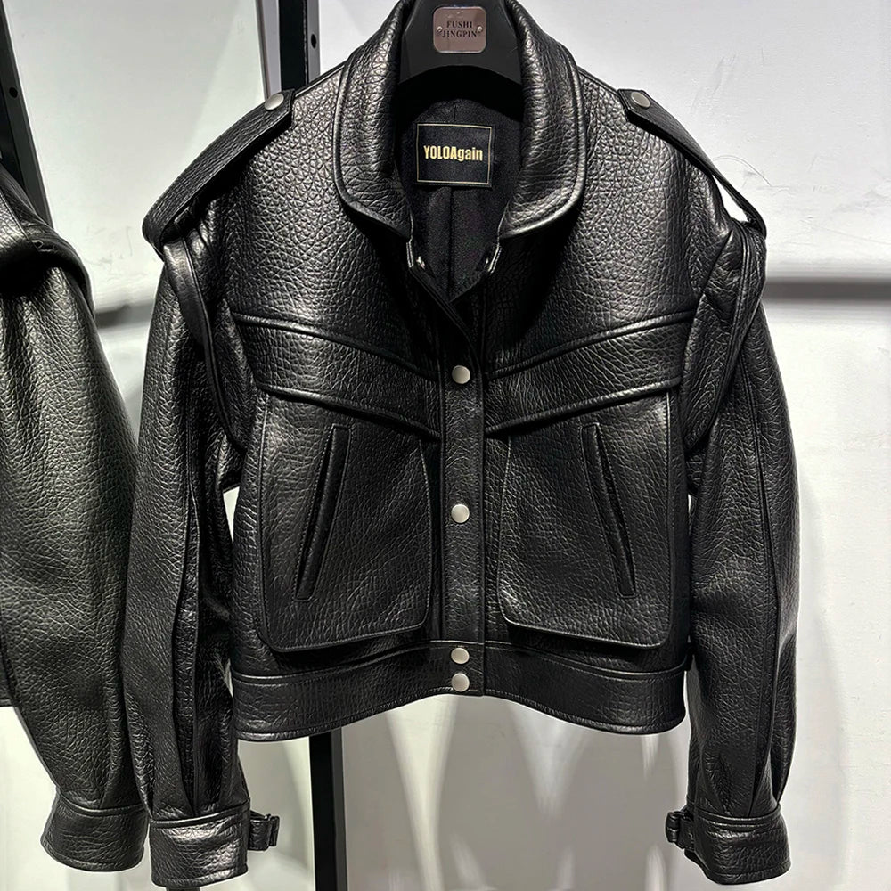 Women’s Vintage Long Sleeve Oversized Real Leather Jacket Coat