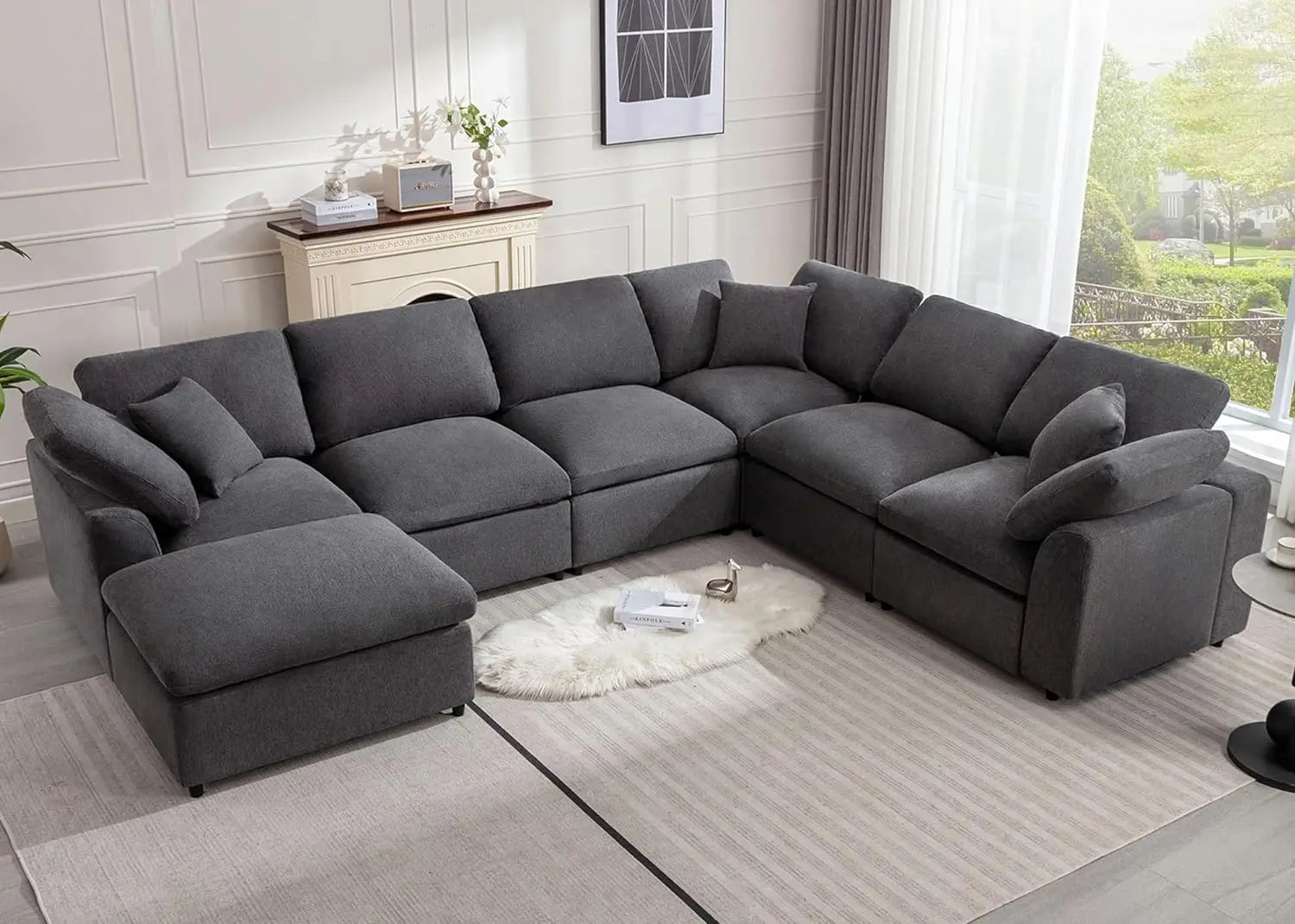 Sofá modular moderno de gran tamaño con reposapiés abatibles, sofás en forma de L de 7 plazas, sofás cómodos para sala de estar, sofás