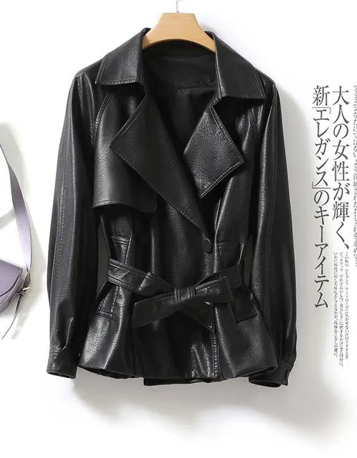 Bild in Galerie-Viewer laden, Modische Echtlederjacke für Damen Taillengebunden Lockere Version Frühling Herbst Schwarz Braun Lässig Stilvoll Ästhetik

