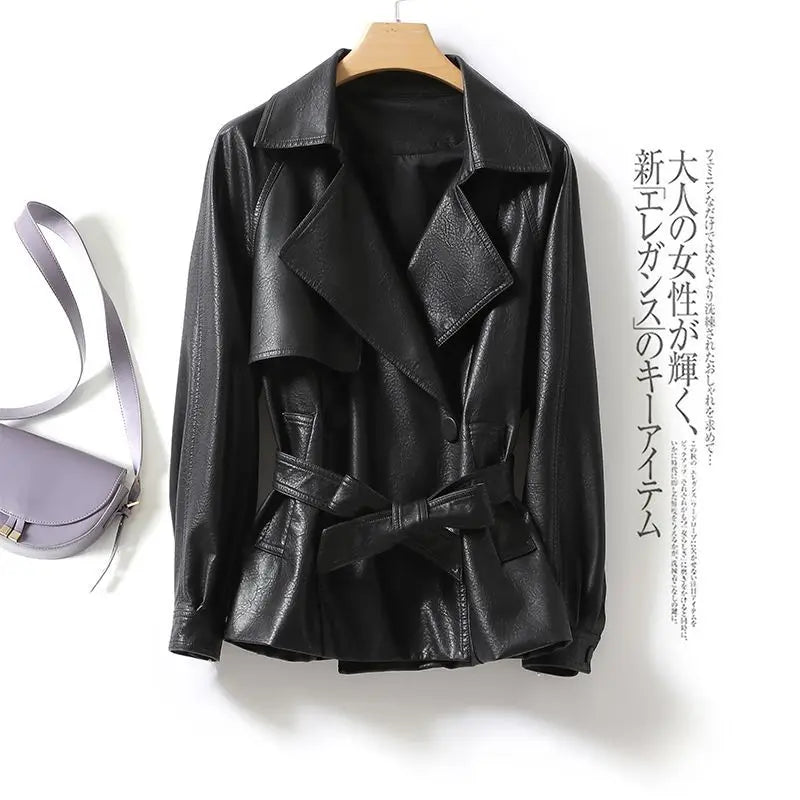 Modische Echtlederjacke für Damen Taillengebunden Lockere Version Frühling Herbst Schwarz Braun Lässig Stilvoll Ästhetik