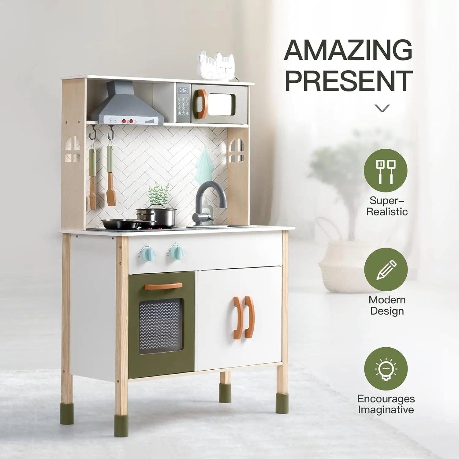 Robotime Robud Kitchen Playset Realistic Pretend Play Kitchen Montessori Wooden Play Kitchen Toy Kitchen Set for Kids Girls Boys