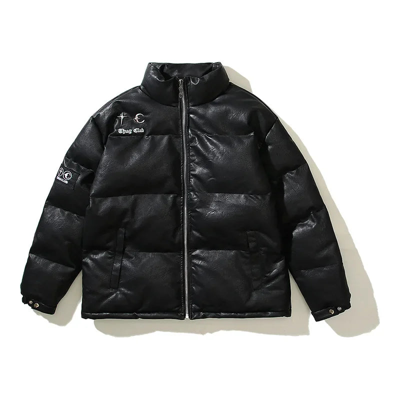 Koreanischer Nichethug-Metall-Pu-Ledermantel mit heller Oberfläche, verdickter Stehkragen, Reißverschluss, Hip-Hop-Pufferjacke, warme Jacke