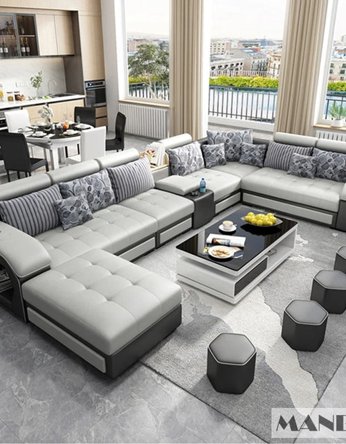 Load image into Gallery viewer, MINGDIBAO Fabric Sofa Set Furniture Living Room Sofa Set with USB and Stools / Big U Shape Cloth Couch Sofas for Home Furniture
