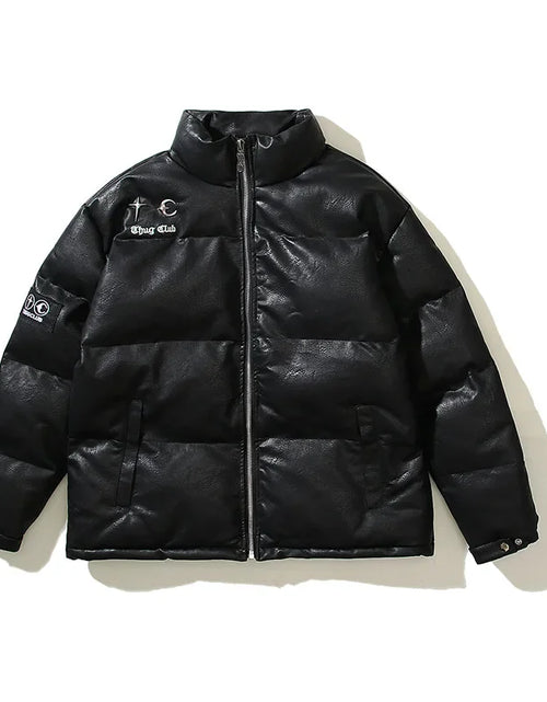 Bild in Galerie-Viewer laden, Koreanischer Nichethug-Metall-Pu-Ledermantel mit heller Oberfläche, verdickter Stehkragen, Reißverschluss, Hip-Hop-Pufferjacke, warme Jacke
