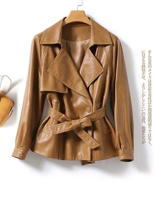 Bild in Galerie-Viewer laden, Modische Echtlederjacke für Damen Taillengebunden Lockere Version Frühling Herbst Schwarz Braun Lässig Stilvoll Ästhetik
