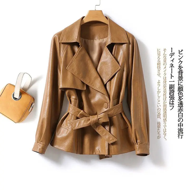 Modische Echtlederjacke für Damen Taillengebunden Lockere Version Frühling Herbst Schwarz Braun Lässig Stilvoll Ästhetik