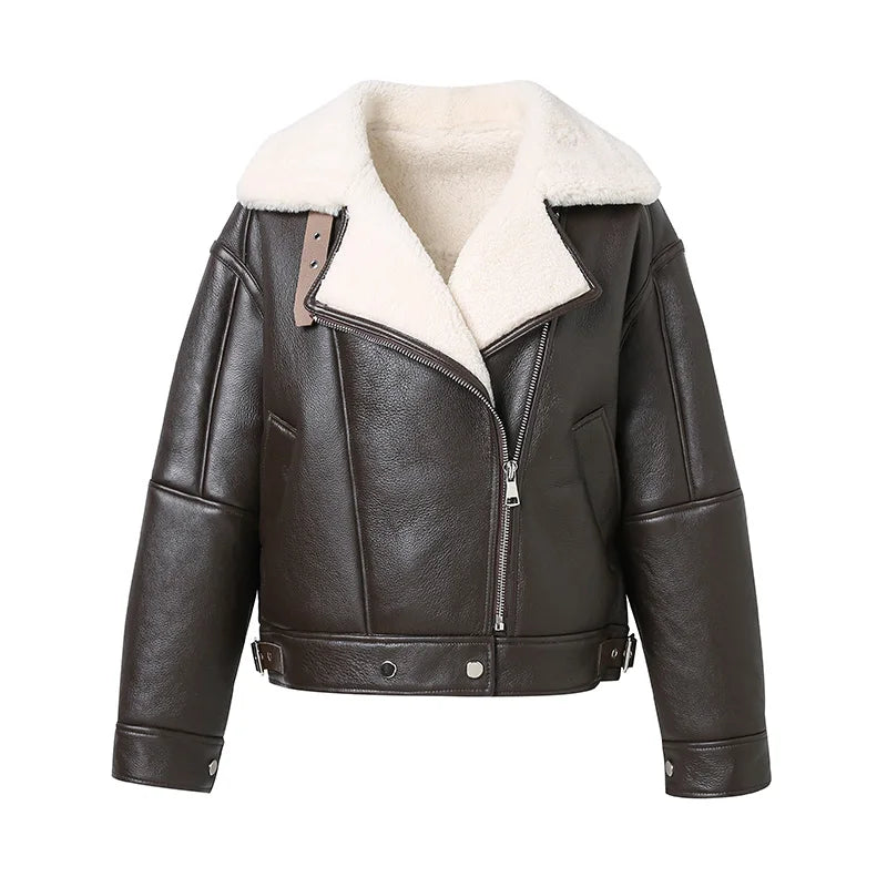 Hochwertige Lammfelljacke Damenmode Schaffell Leder Echtwolle gefüttert Dicker warmer Wintermantel