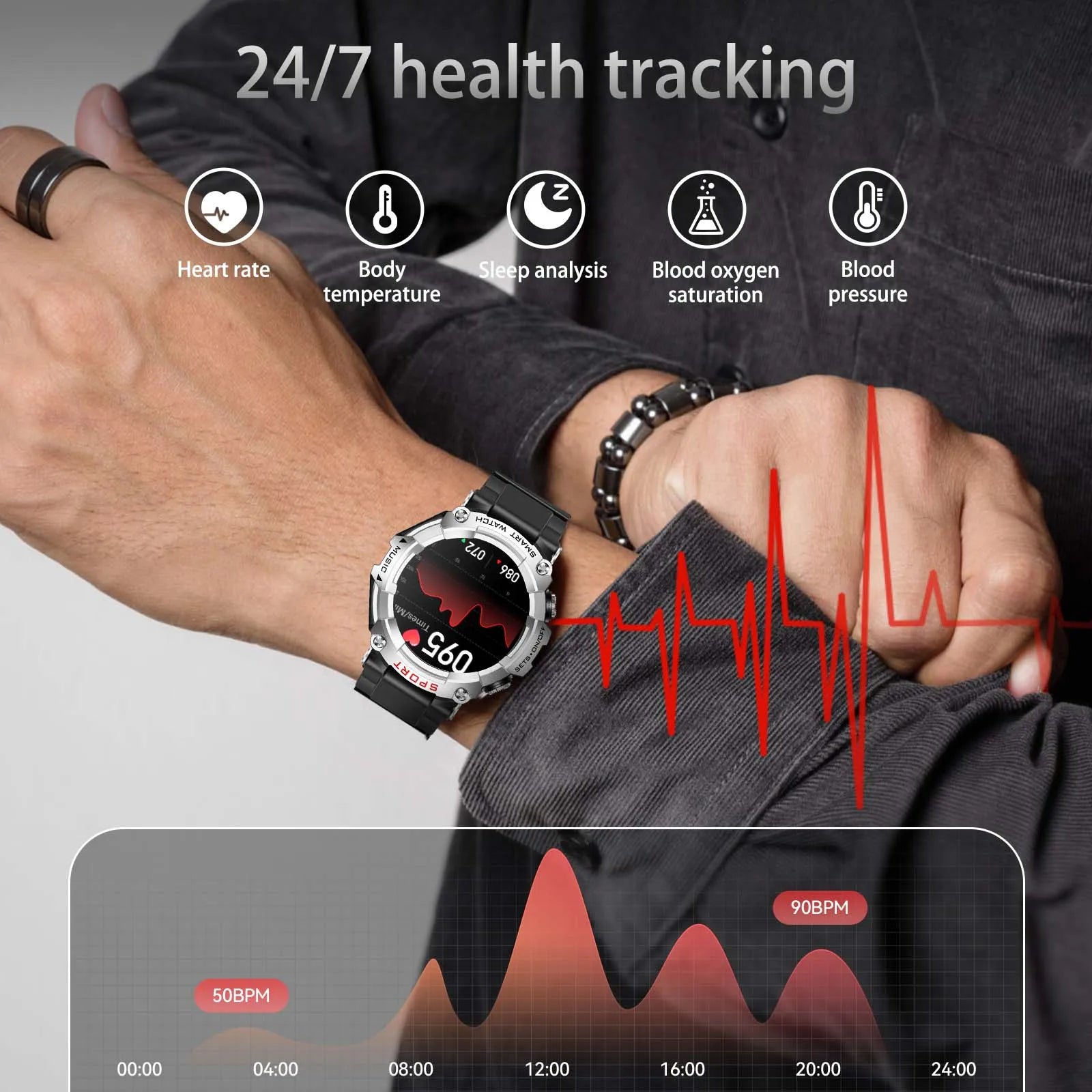 EIGIIS Smart Watch AMOLED-Display mit In-Ear-Bluetooth-Headset, Überwachung der Herzfrequenz, des Blutdrucks und der Sauerstoffsättigung, HD-Audio
