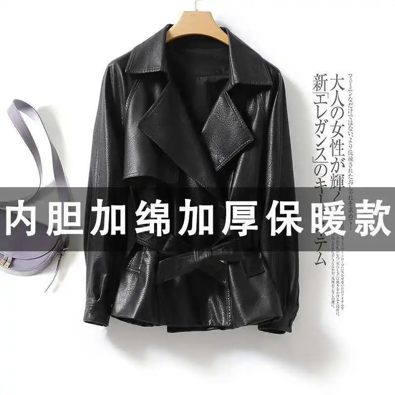 Modische Echtlederjacke für Damen Taillengebunden Lockere Version Frühling Herbst Schwarz Braun Lässig Stilvoll Ästhetik