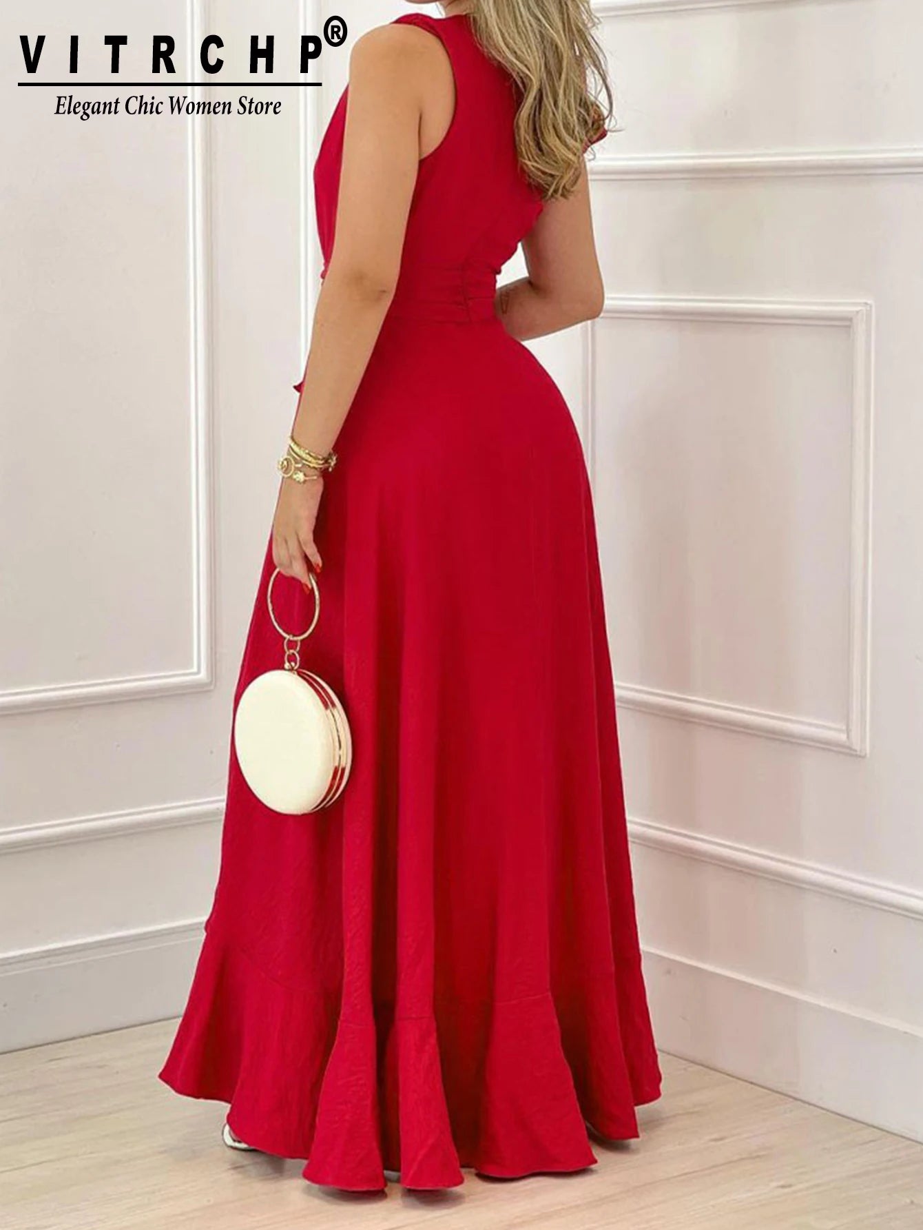 Sleeveless Pleated V-neck Long Dress