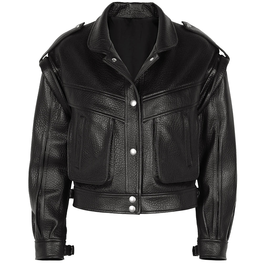Women’s Vintage Long Sleeve Oversized Real Leather Jacket Coat