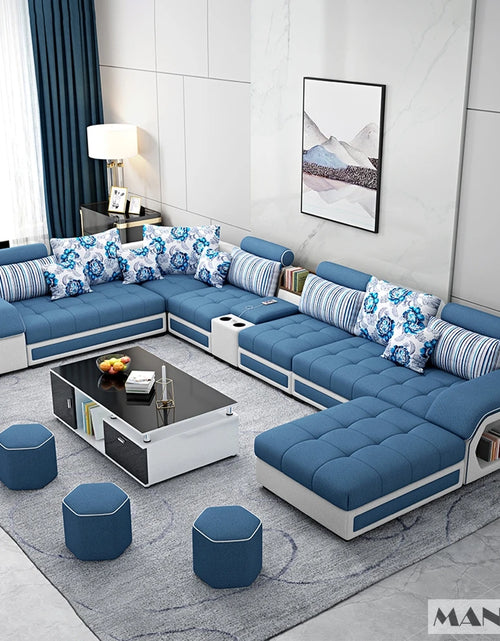 Load image into Gallery viewer, MINGDIBAO Fabric Sofa Set Furniture Living Room Sofa Set with USB and Stools / Big U Shape Cloth Couch Sofas for Home Furniture
