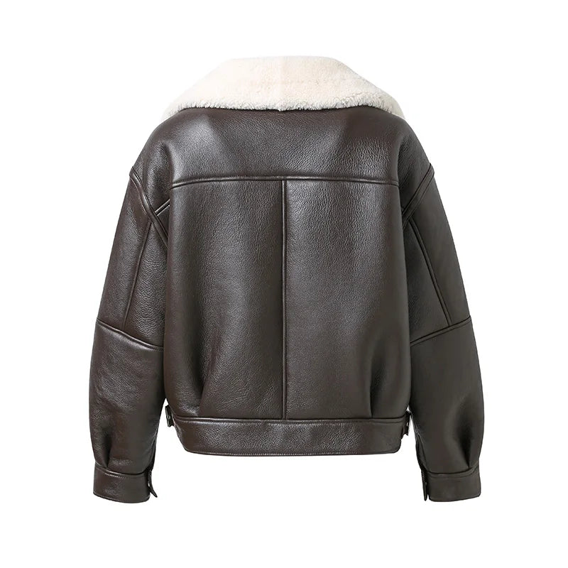 Hochwertige Lammfelljacke Damenmode Schaffell Leder Echtwolle gefüttert Dicker warmer Wintermantel