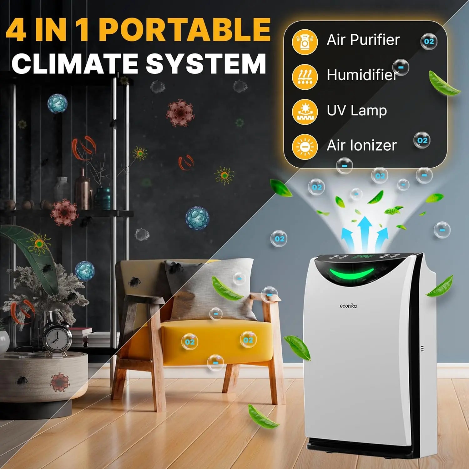 4 in 1 Humidifier and Air Purifier in One Up To 1035 SqFt - Ionizer UV C Light Air Purifier and Humidifier Combo, Whole House