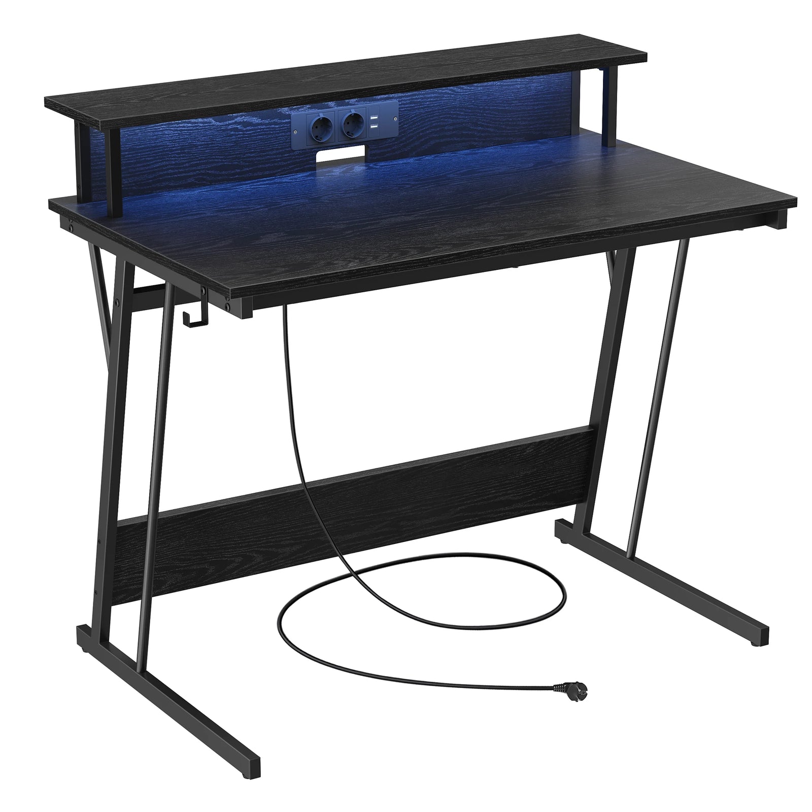 Mesa de juego VASAGLE con iluminación LED, escritorio con regleta de enchufes incorporada, escritorio para computadora, soporte para 2 monitores, dormitorio