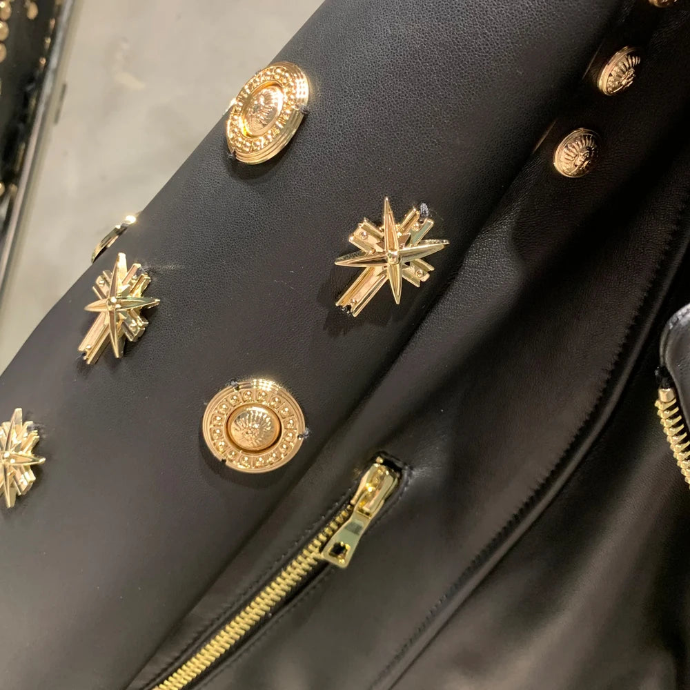 Leather Jacket Rivet High Street Ladies Autumn and Spring Fashion Wear Genuine Sheepskin Jacket 5860