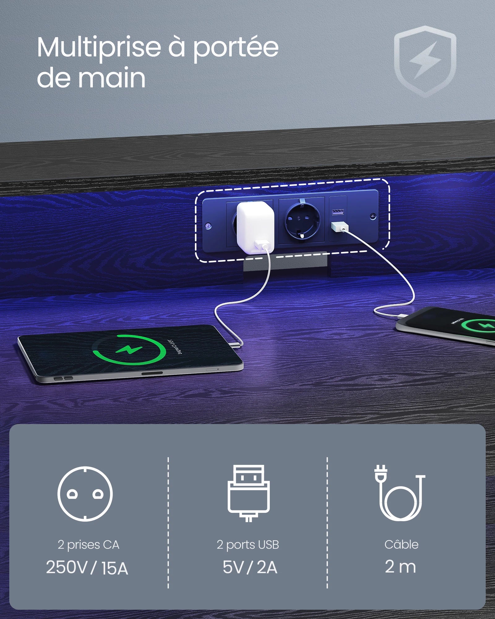 Mesa de juego VASAGLE con iluminación LED, escritorio con regleta de enchufes incorporada, escritorio para computadora, soporte para 2 monitores, dormitorio