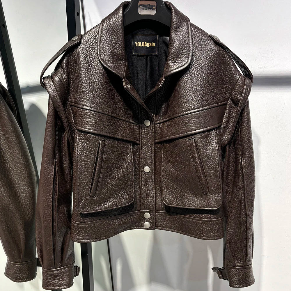 Women’s Vintage Long Sleeve Oversized Real Leather Jacket Coat