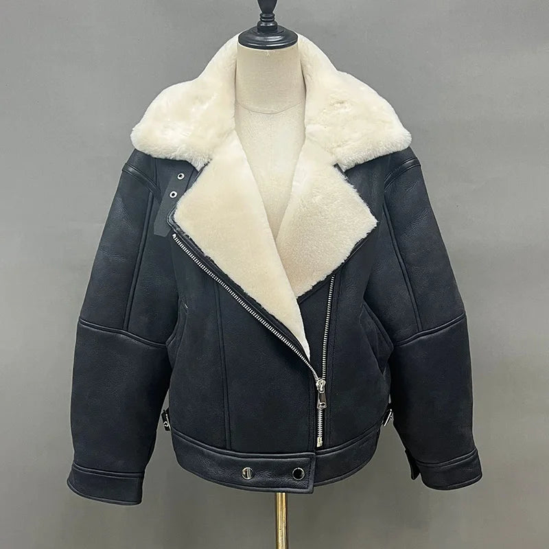 Hochwertige Lammfelljacke Damenmode Schaffell Leder Echtwolle gefüttert Dicker warmer Wintermantel