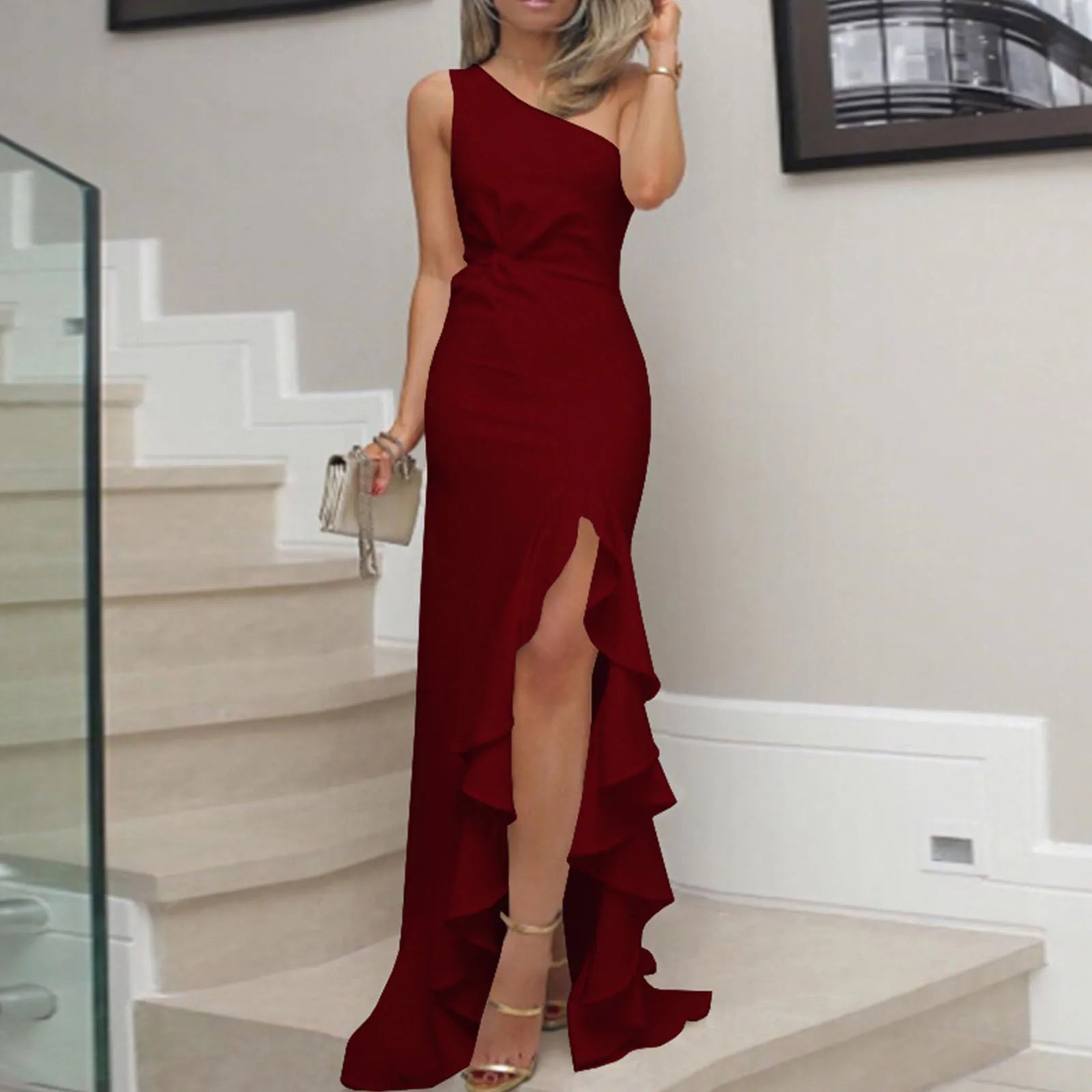 One Shoulder Ruched Ruffle Formal Dress