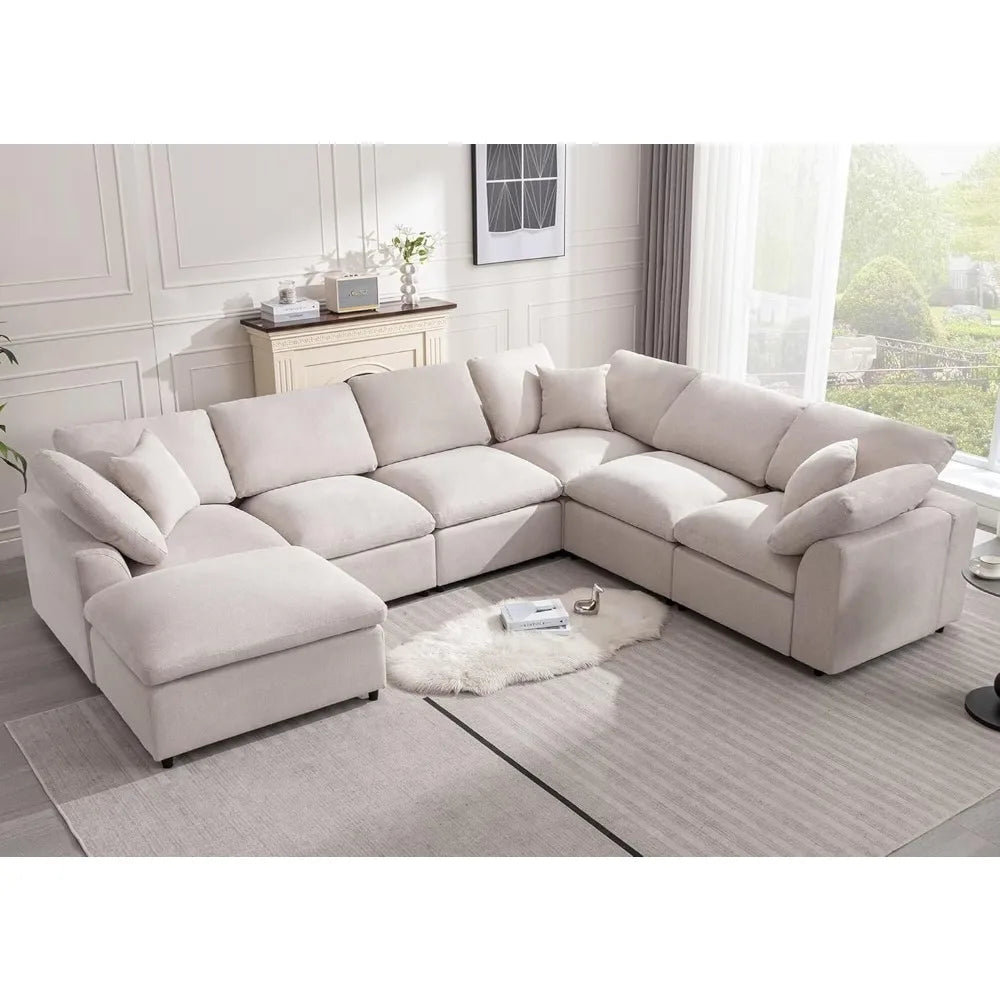 Sofá modular moderno de gran tamaño con reposapiés abatibles, sofás en forma de L de 7 plazas, sofás cómodos para sala de estar, sofás