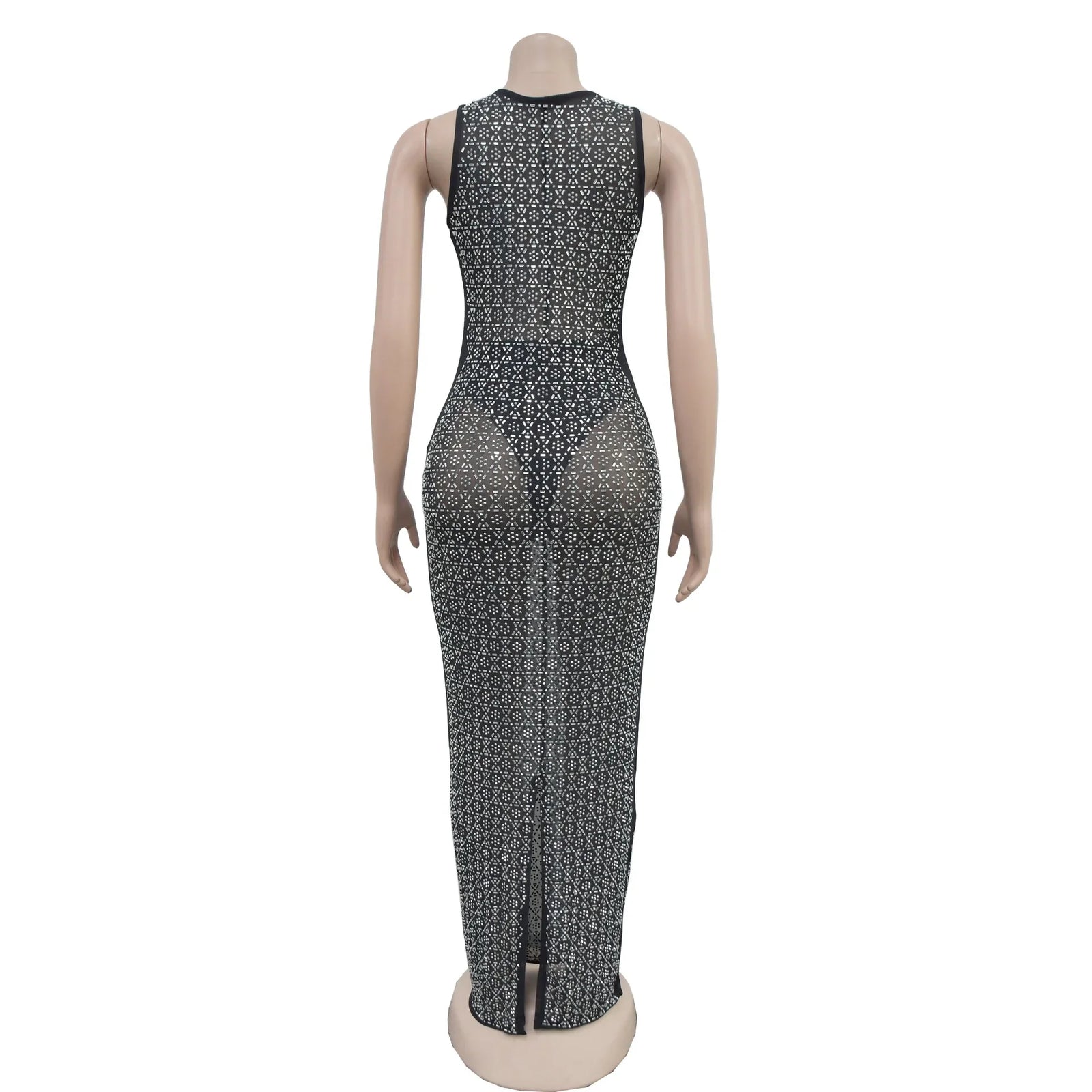 Damenkleid mit Strasssteinen, lang, durchsichtig, Netzkleid