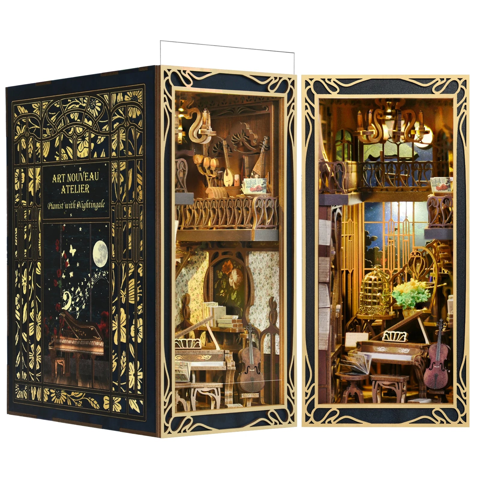 DIY Book Nook Kit, Miniature Dollhouse Booknook Kit, 3D Wooden Puzzle Bookend Bookshelf Insert Decor with LED Light for Teens an