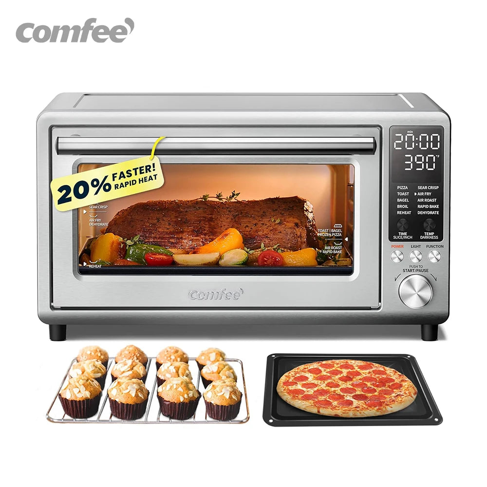 COMFEE‘ Toasterofen, Heißluftfritteuse, FLASHWAVE™, ultraschnelle Aufheiztechnologie, Konvektions-Toasterofen für die Arbeitsplatte mit Backen, Grillen, Braten