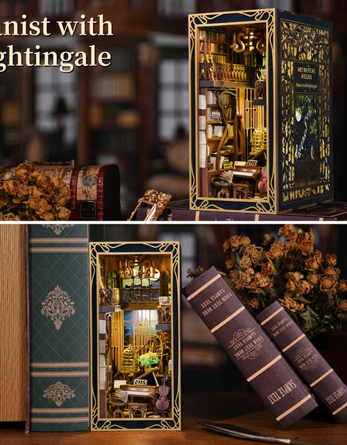 Load image into Gallery viewer, DIY Book Nook Kit, Miniature Dollhouse Booknook Kit, 3D Wooden Puzzle Bookend Bookshelf Insert Decor with LED Light for Teens an
