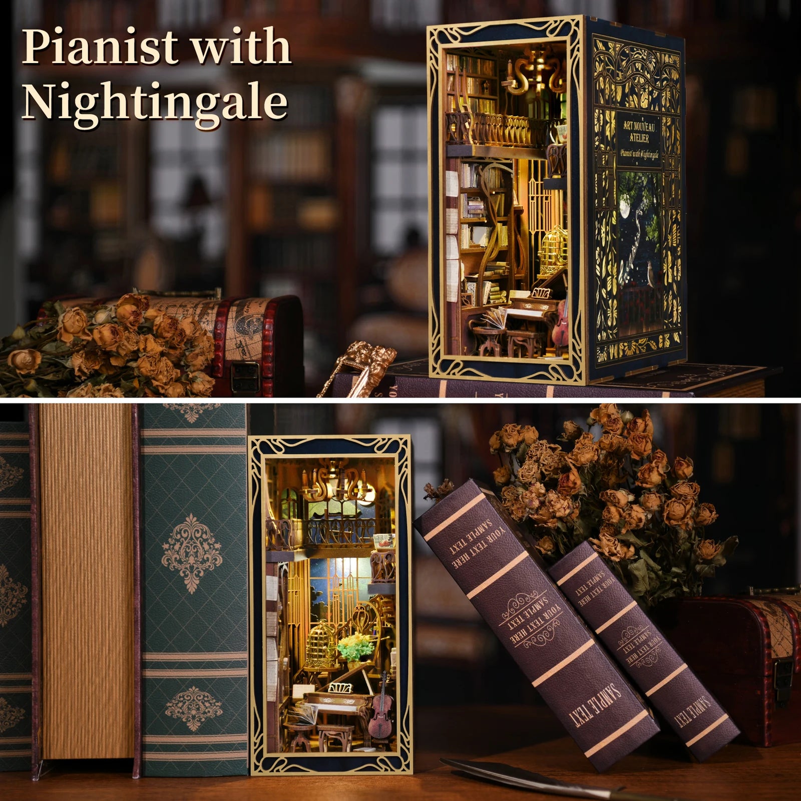 DIY Book Nook Kit, Miniature Dollhouse Booknook Kit, 3D Wooden Puzzle Bookend Bookshelf Insert Decor with LED Light for Teens an