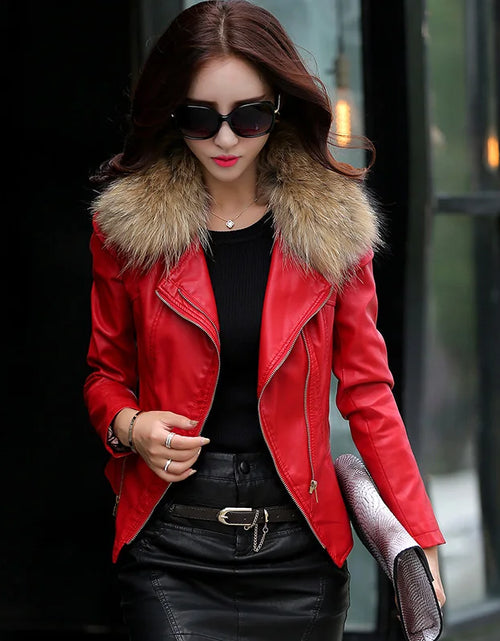 Load image into Gallery viewer, Women Sheep Leather Jacket Biker Coat Spring Autumn Fashion Real Mink Fur Collar Motorcycle Coat Slim Short Outerwear Female
