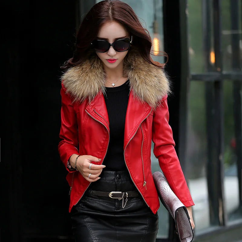 Women Sheep Leather Jacket Biker Coat Spring Autumn Fashion Real Mink Fur Collar Motorcycle Coat Slim Short Outerwear Female