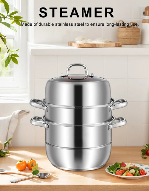 Load image into Gallery viewer, 11inch 3 Tier Food Steamer Pot Stainless Steel Soup Steam Pot Universal Cooking Pots for Induction Cooker Gas Stove Steam
