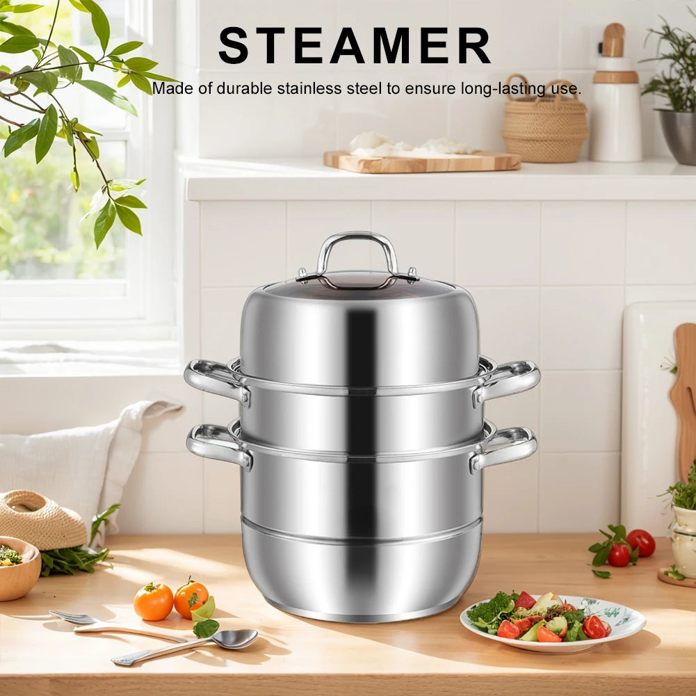 11inch 3 Tier Food Steamer Pot Stainless Steel Soup Steam Pot Universal Cooking Pots for Induction Cooker Gas Stove Steam