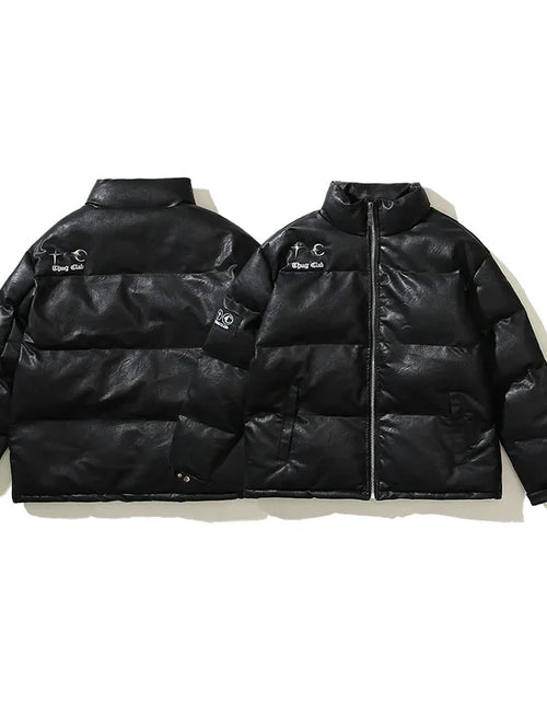 Bild in Galerie-Viewer laden, Koreanischer Nichethug-Metall-Pu-Ledermantel mit heller Oberfläche, verdickter Stehkragen, Reißverschluss, Hip-Hop-Pufferjacke, warme Jacke
