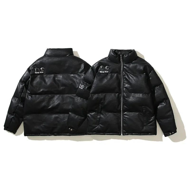Koreanischer Nichethug-Metall-Pu-Ledermantel mit heller Oberfläche, verdickter Stehkragen, Reißverschluss, Hip-Hop-Pufferjacke, warme Jacke