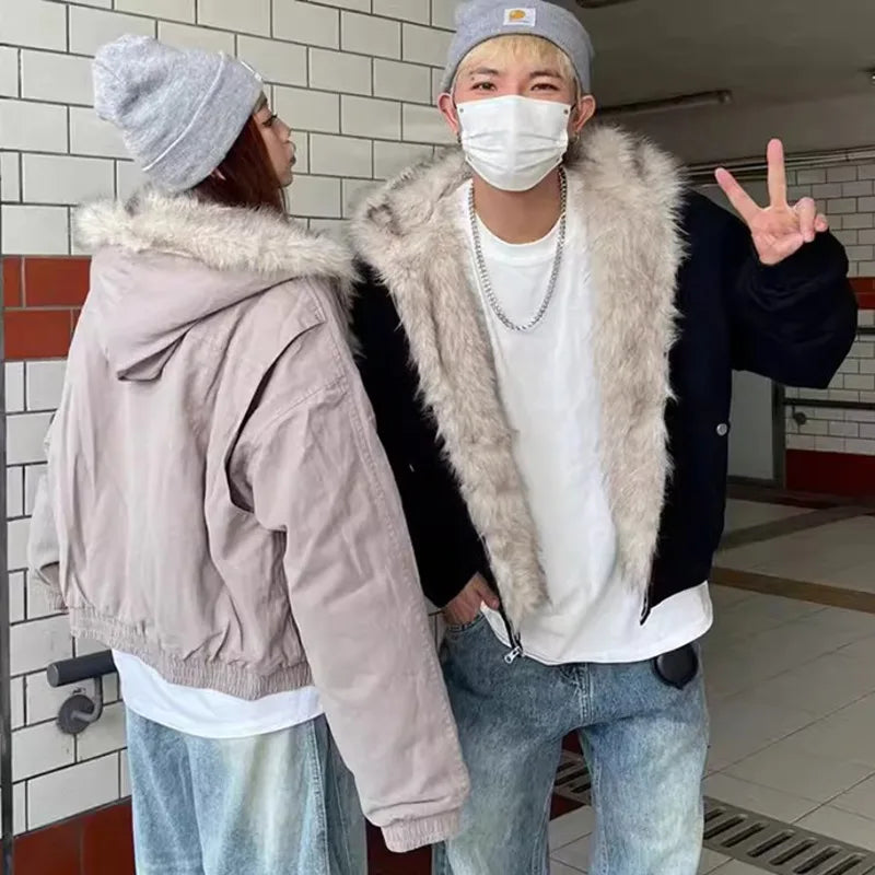 IEFB Thick Men's Padded Coats Casual Fur Collar Hooded Korean Style Solid Color Fleece Winter Loose Male Jacket Trend New 9C8612