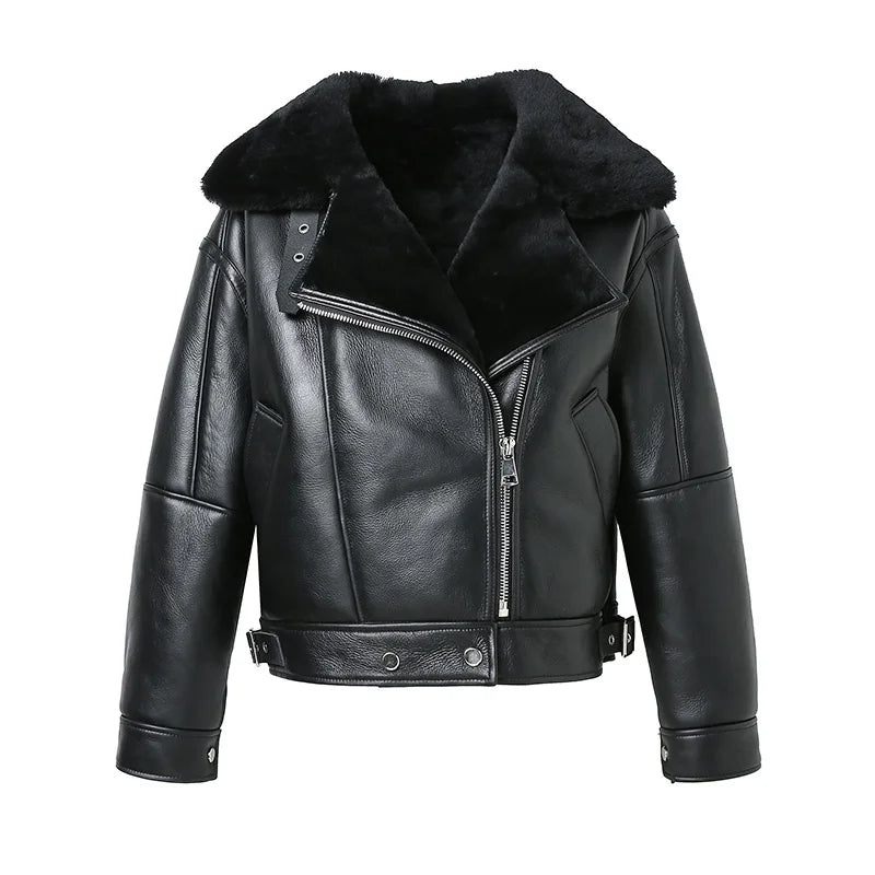 Hochwertige Lammfelljacke Damenmode Schaffell Leder Echtwolle gefüttert Dicker warmer Wintermantel