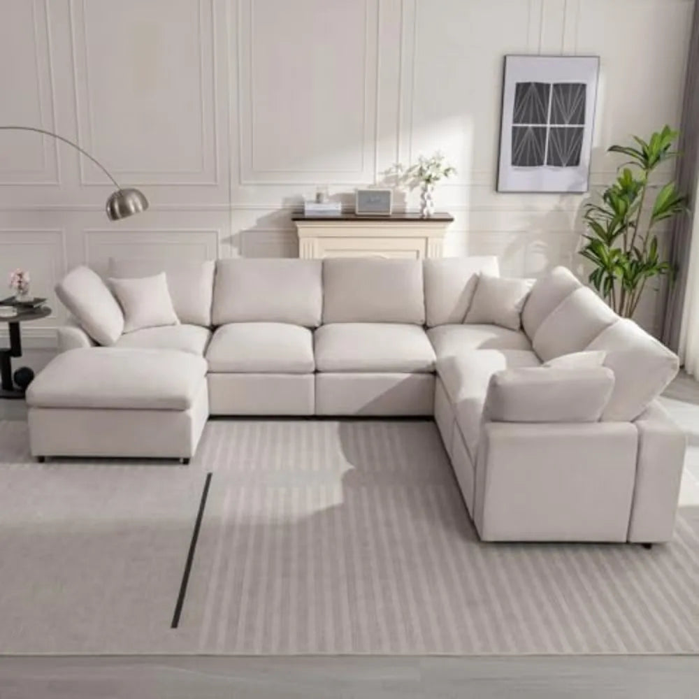 Sofá modular moderno de gran tamaño con reposapiés abatibles, sofás en forma de L de 7 plazas, sofás cómodos para sala de estar, sofás
