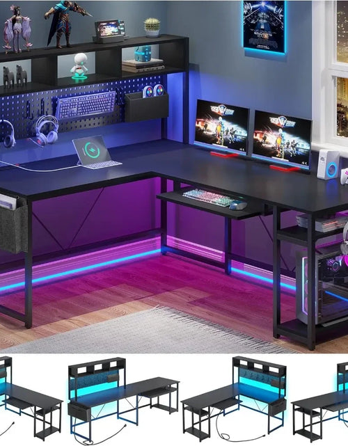 Cargar imagen en el visor de la galería, Escritorio para juegos en forma de L, escritorio reversible para computadora con toma de corriente y tablero perforado, escritorio para juegos con luces LED
