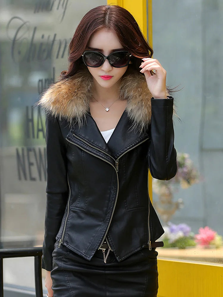 Women Sheep Leather Jacket Biker Coat Spring Autumn Fashion Real Mink Fur Collar Motorcycle Coat Slim Short Outerwear Female