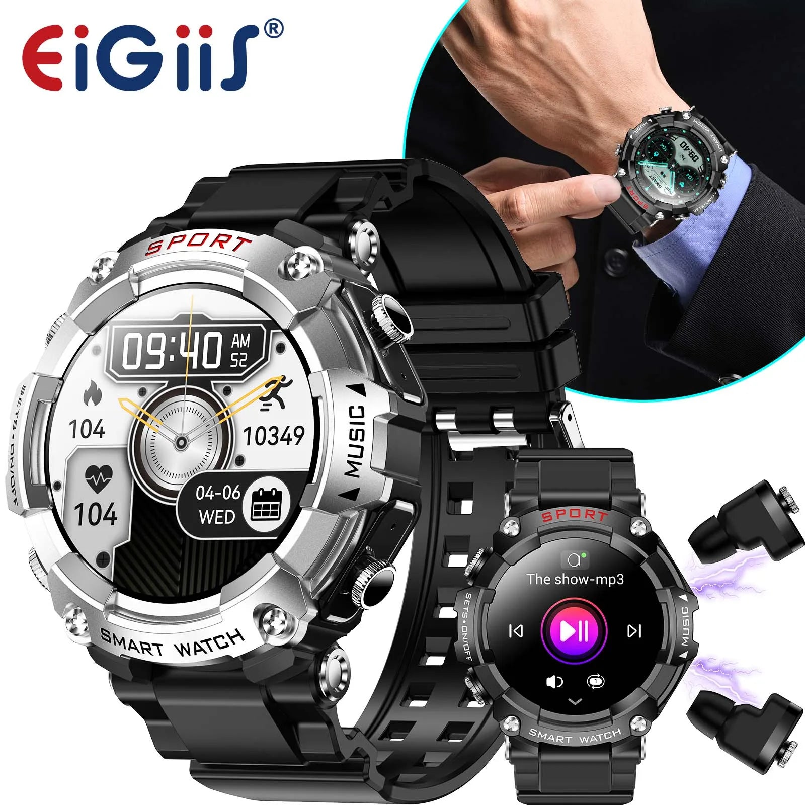 EIGIIS Smart Watch AMOLED-Display mit In-Ear-Bluetooth-Headset, Überwachung der Herzfrequenz, des Blutdrucks und der Sauerstoffsättigung, HD-Audio