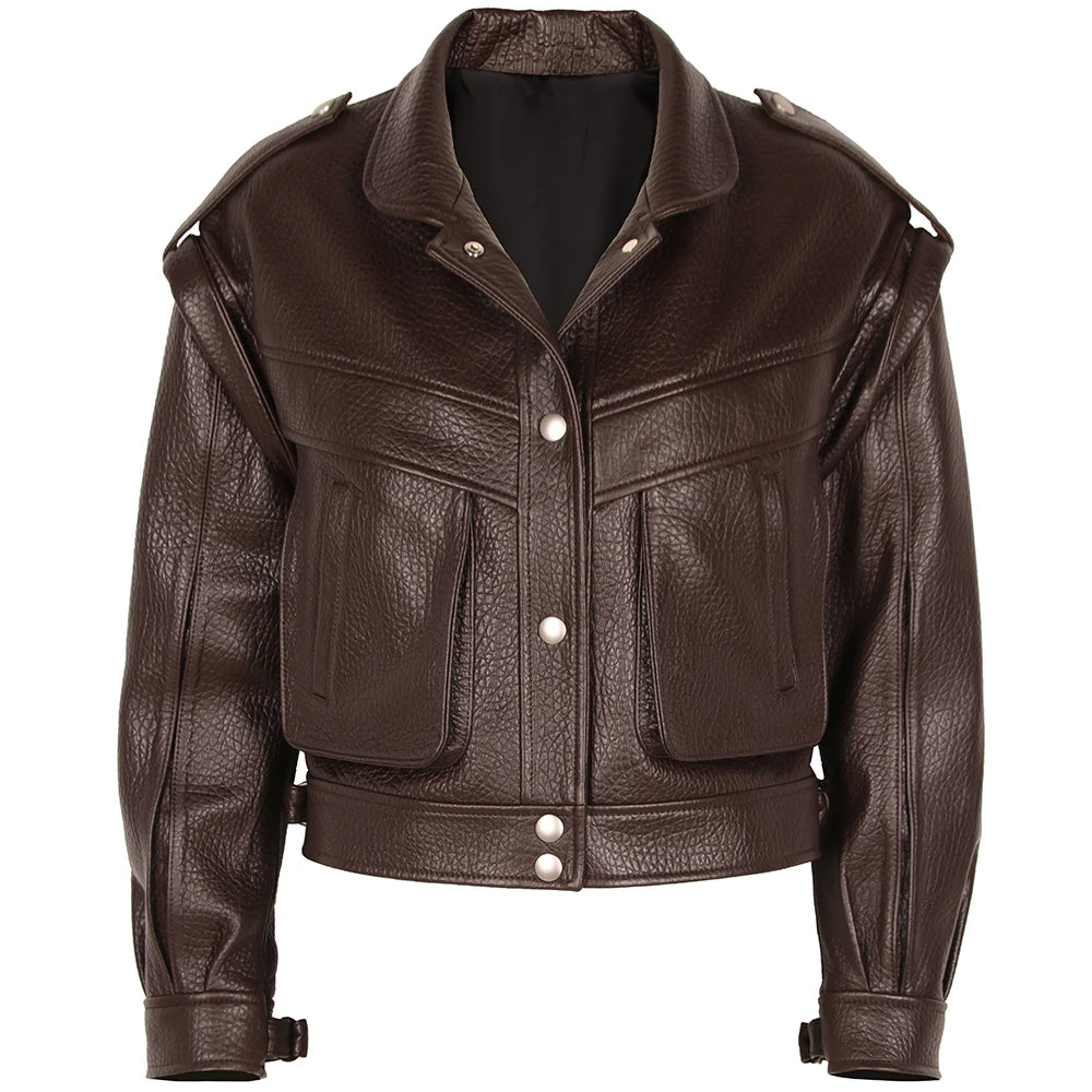 Women’s Vintage Long Sleeve Oversized Real Leather Jacket Coat