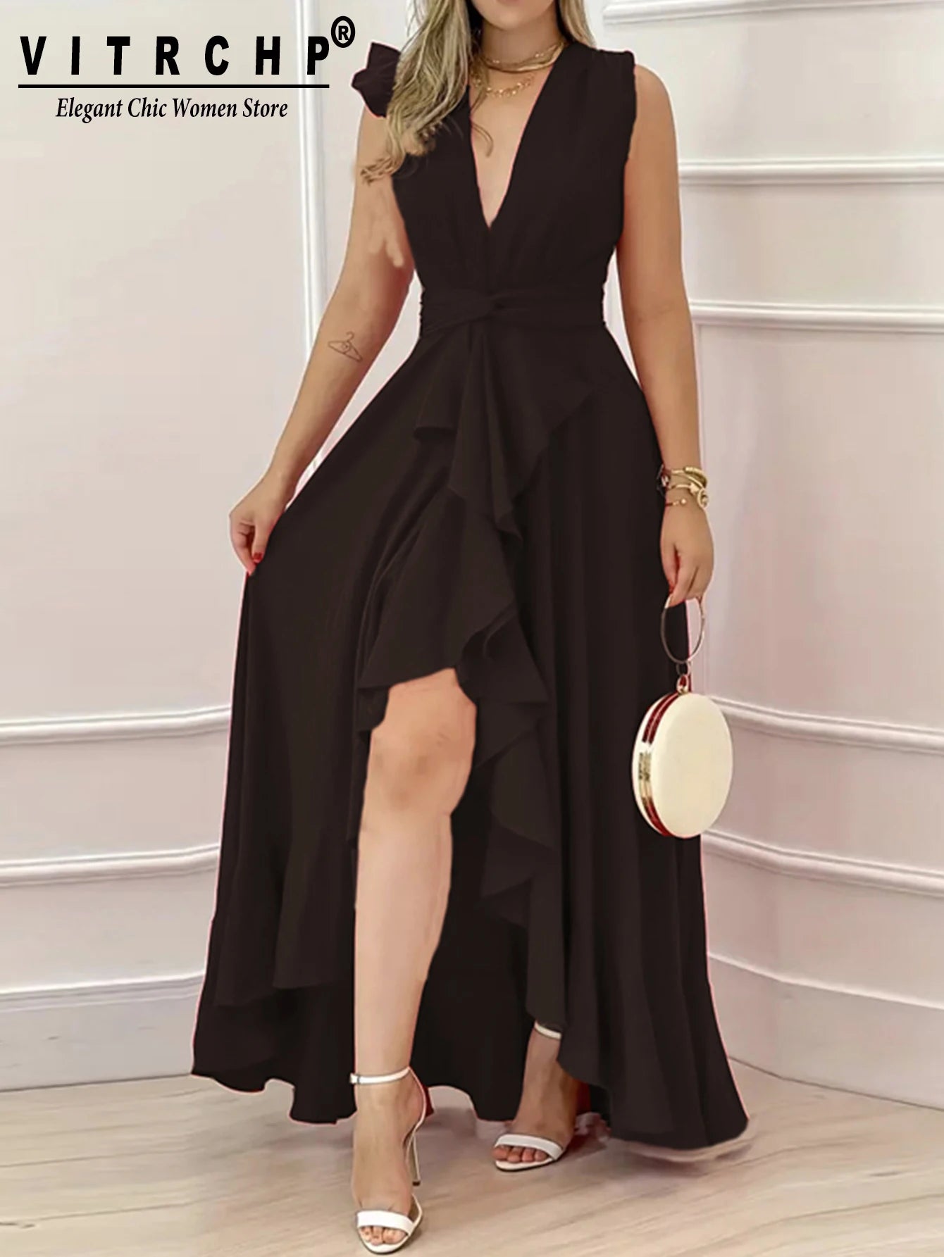 Sleeveless Pleated V-neck Long Dress