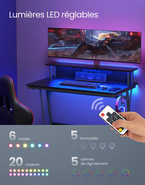 Cargar imagen en el visor de la galería, Mesa de juego VASAGLE con iluminación LED, escritorio con regleta de enchufes incorporada, escritorio para computadora, soporte para 2 monitores, dormitorio
