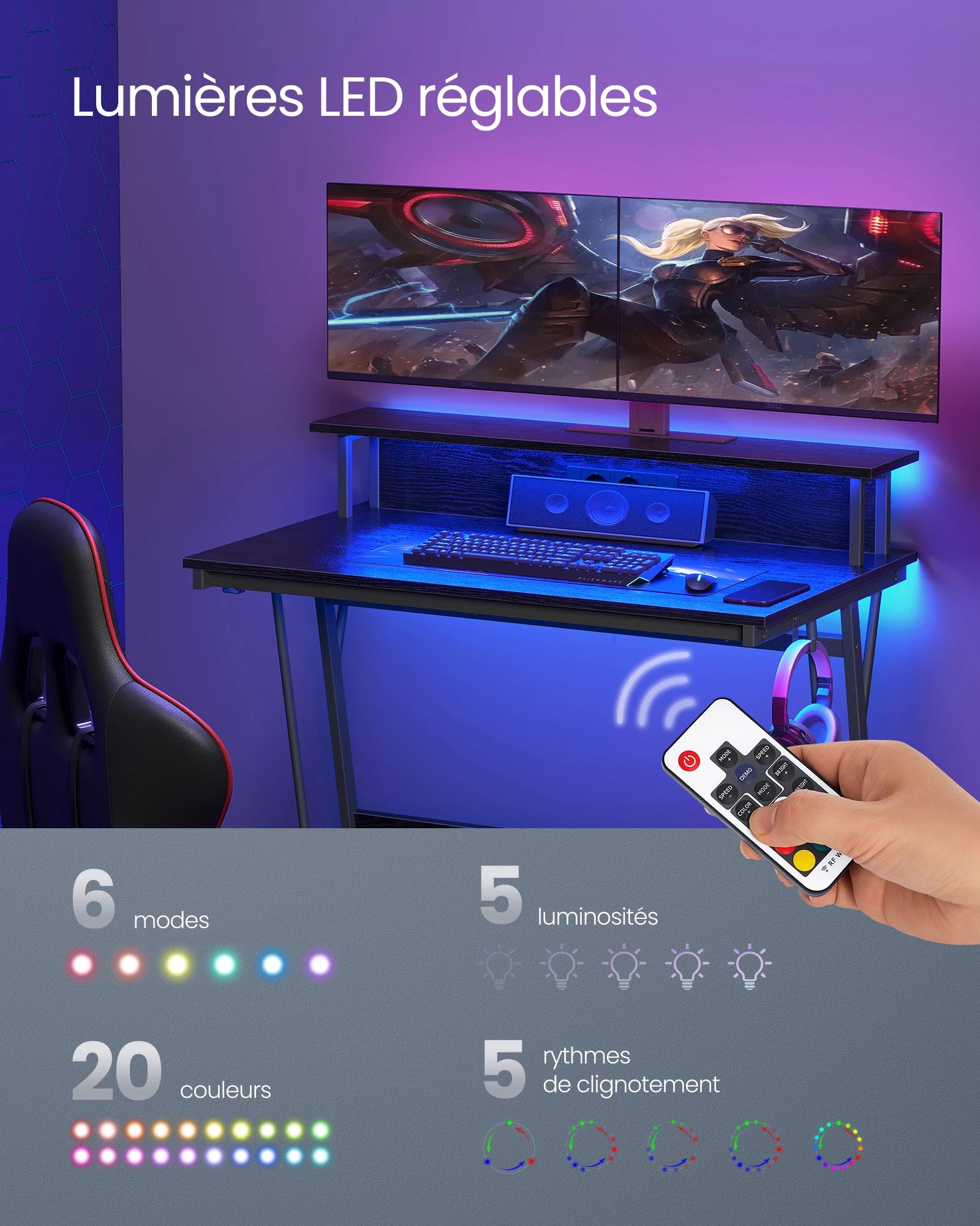 Mesa de juego VASAGLE con iluminación LED, escritorio con regleta de enchufes incorporada, escritorio para computadora, soporte para 2 monitores, dormitorio