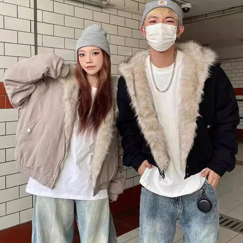 IEFB Thick Men's Padded Coats Casual Fur Collar Hooded Korean Style Solid Color Fleece Winter Loose Male Jacket Trend New 9C8612