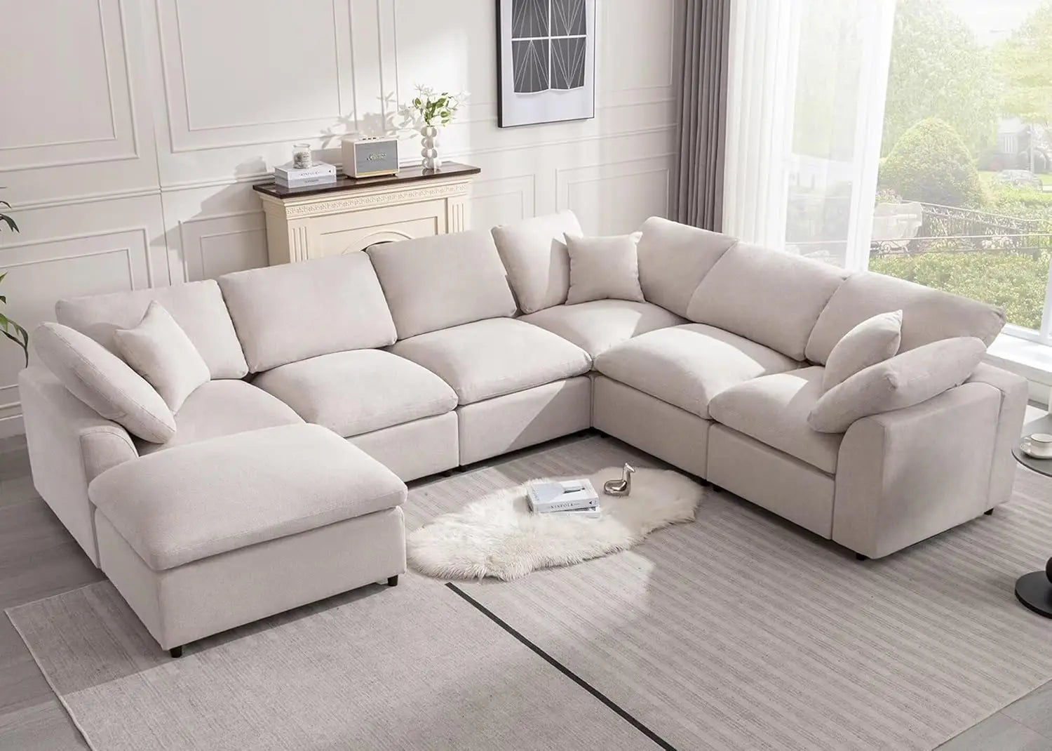 Sofá modular moderno de gran tamaño con reposapiés abatibles, sofás en forma de L de 7 plazas, sofás cómodos para sala de estar, sofás