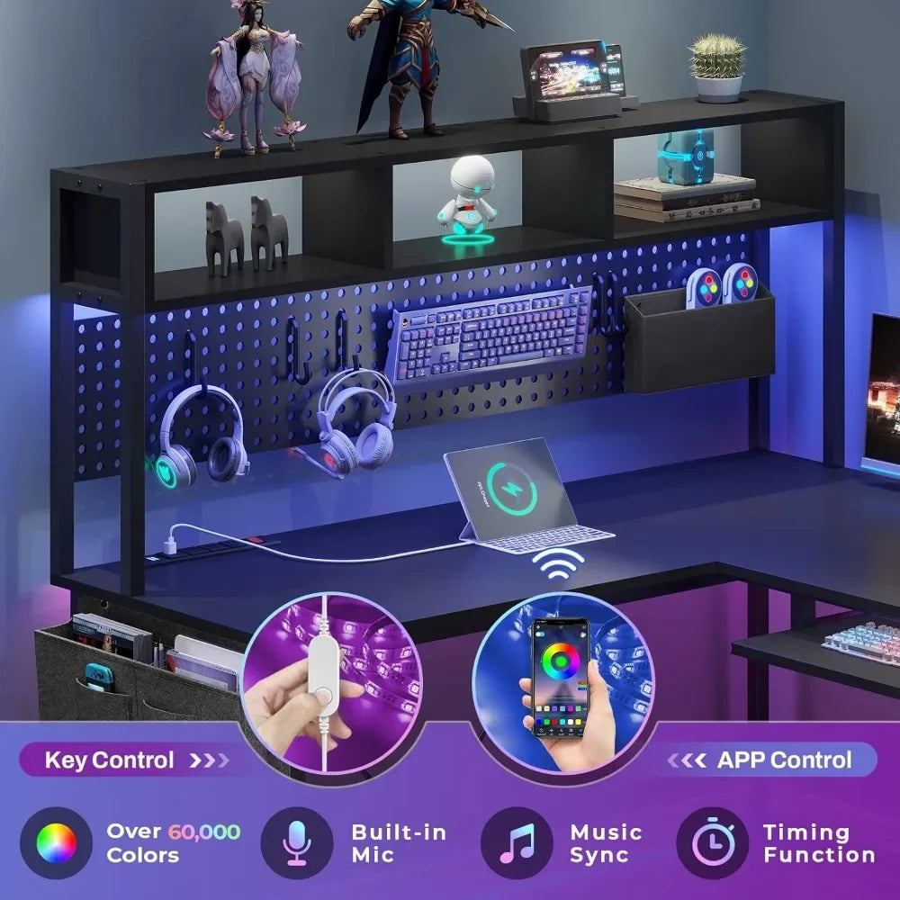 Escritorio para juegos en forma de L, escritorio reversible para computadora con toma de corriente y tablero perforado, escritorio para juegos con luces LED