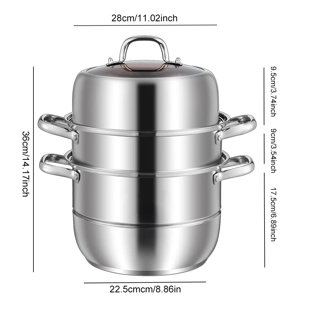 11inch 3 Tier Food Steamer Pot Stainless Steel Soup Steam Pot Universal Cooking Pots for Induction Cooker Gas Stove Steam